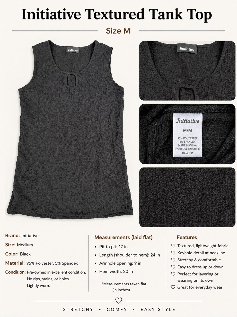 Initiative Black Textured Keyhole Tank Top - M